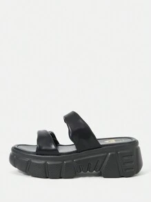 SheIn SXY Women's Indoor Round Toe Fashionable Simple Wedge Heel Thick Bottom Slippers In Solid Black - Black - View 4