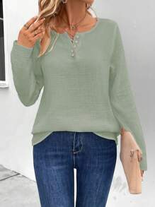 SHEIN LUNE Women's Fashionable Personalized Buttoned Collar Shirt - Green - View 1