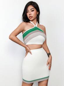 Flirla Conjunto De Suéter De Punto De Dos Piezas Para Mujer Con Bloques De Color Y Rayas - Blanco - Ver 1