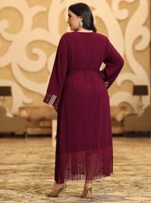 Al Najma 勃艮第红色女士加大码几何印花 V 领流苏拼接连衣裙 - 酒紅色 - 查看 2