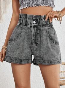 Breezaya Của phụ nữ Eo cao Giấy Cái túi Quần short Denim Với Nghiêng Túi - màu đen - Xem 5