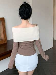 DAZY Women's Colorblock Slim Fit Off Shoulder Sweater,Fall Clothes Cute Tops - Camel - View 2
