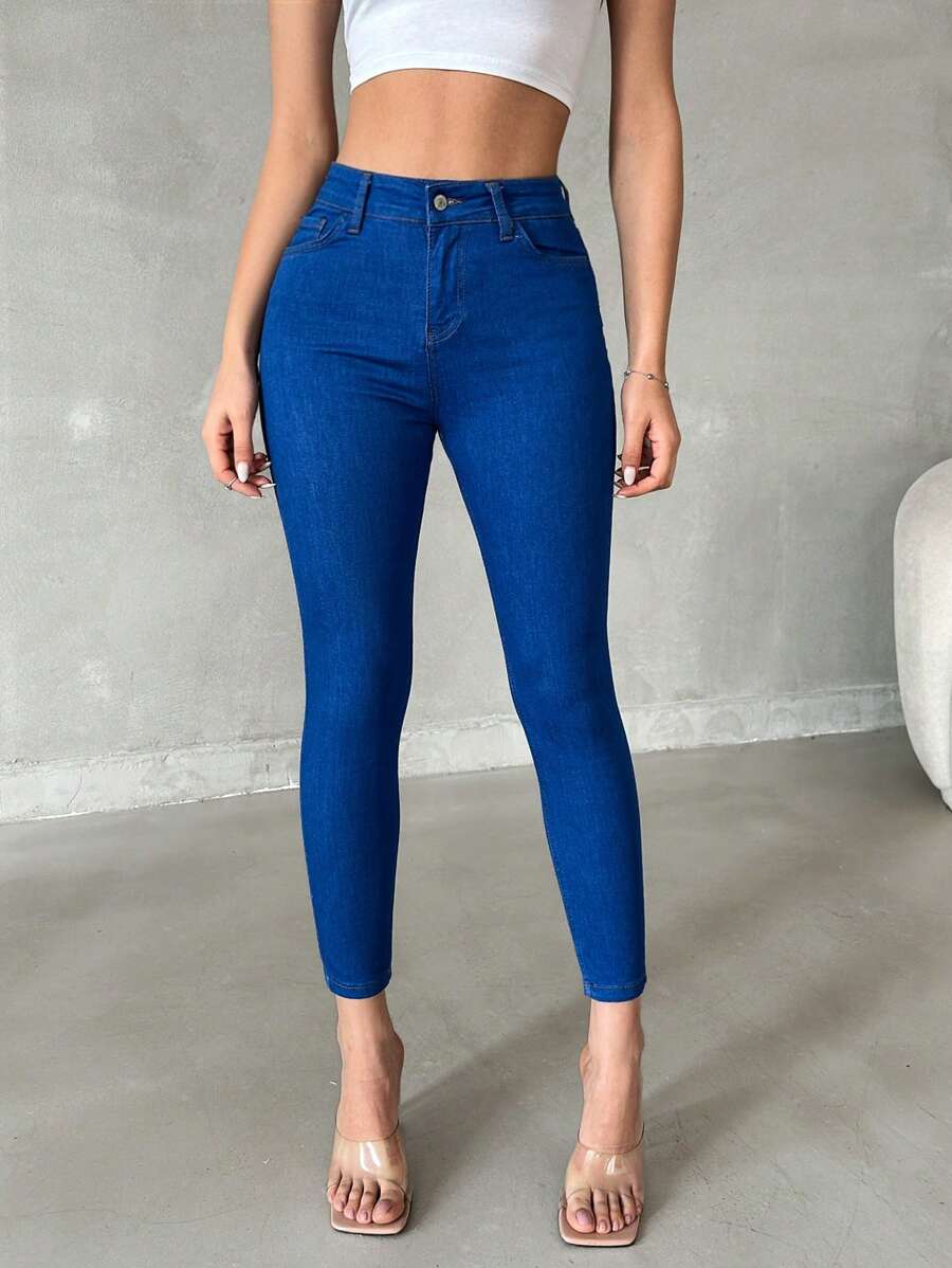 SHEIN Cottnline Blue High Waisted Skinny Jeans - Blue - View 1