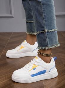 Women's Fashionable White & Blue Comfortable Lace-Up Athletic Shoes, Lightweight Sneakers - Blue and White - View 3