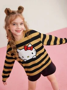 HELLO KITTY AND FRIENDS | SHEIN Tween Girl 卡通貓印花條紋 T 卹 - 黃色 - 查看 7