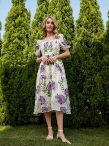 GENKIRA Của phụ nữ In hoa Off Shoulder Ngắn tay Đầm - Nhiều màu - Xem 4