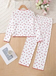 SHEIN Tween Girl Cherry Printed Casual Half Placket Long Sleeve Home Suit - White - View 2