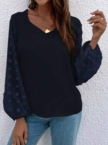 SHEIN LUNE V領提花燈籠袖襯衫 - 藏蓝色 - 查看 4