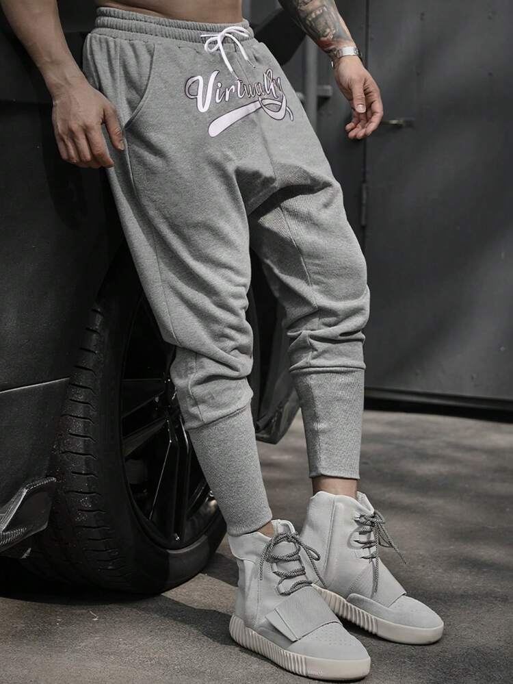 Men Letter Printed Drawstring Waist Jogger Sports Pants Sweat Pants