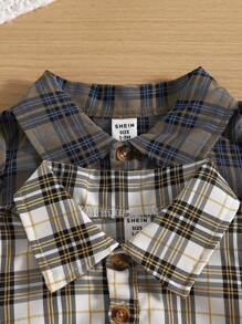 SHEIN Vintaside Kids Bộ đồ liền thân sơ mi kẻ sọc ngắn tay cho bé trai 2 món/bộ cho mùa xuân/hè, giáng sinh - Nhiều màu - Xem 5