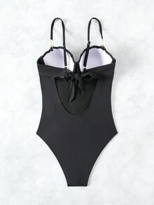 SHEIN Swim 女士连体泳衣，带珍珠装饰和荷叶边细节，狂欢节夏季 - 黑色 - 查看 3
