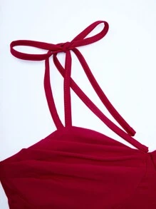 SHEIN Unity Của phụ nữ Màu thuần Off Shoulder Tay áo chuông Váy Dây - Màu Đỏ Sâu - Xem 5