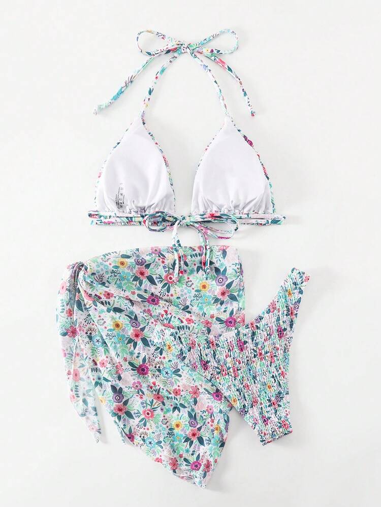 3pcs/Set Ditsy Floral Halter Neck Women's Swimwear Set Valentine Summer