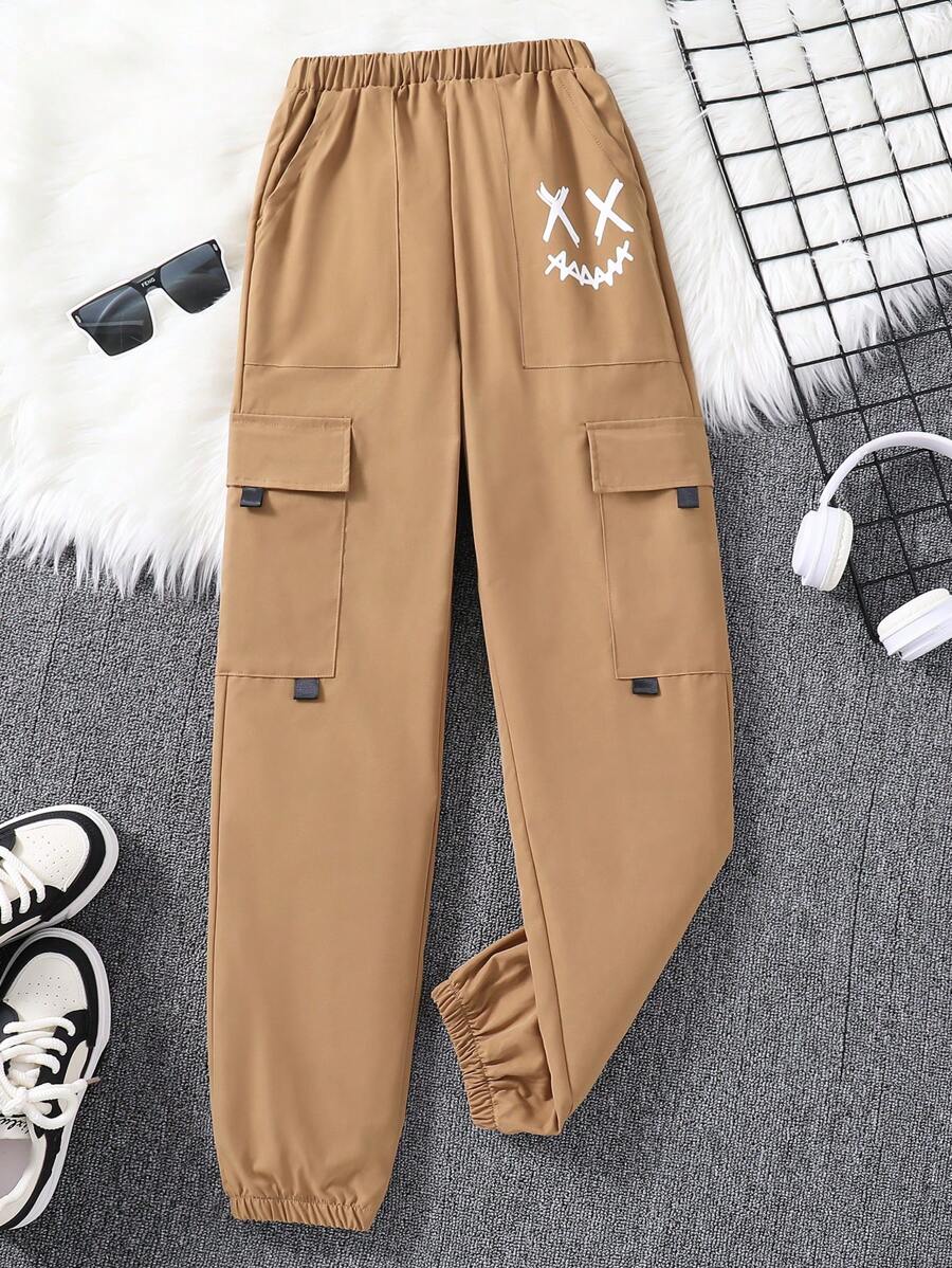 Teen Boy's Khaki-Colored Cargo Pants With Smiling Face Print - Khaki - View 1