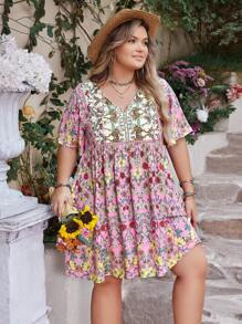 Rusttydustty 女士加大码印花V领宽松休闲连衣裙，波西米亚风，适合复活节、海滩、夏威夷音乐节、热带度假等场合 - 粉色 - 查看 8
