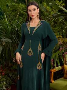 Divindia Women's Floral Embroidery Bell Sleeve Dress - Green - View 8