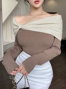 DAZY Women's Colorblock Slim Fit Off Shoulder Sweater,Fall Clothes Cute Tops - Camel - View 7