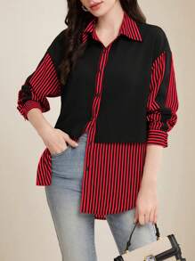 SHEIN Unity Striped Button-Front Shirt With Patchwork Design - Red and Black - View 4