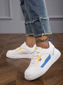 Women's Fashionable White & Blue Comfortable Lace-Up Athletic Shoes, Lightweight Sneakers - Blue and White - View 2