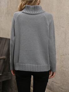 SHEIN LUNE 女士純色高領斜肩袖毛衣 - 灰色 - 查看 2