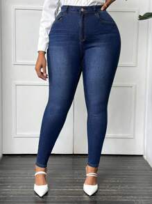 SHEIN SXY Old Money Plus Size Denim Basic Skinny Jeans - Dark Wash - View 1