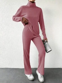 Cloudara Solid Color Turtleneck Top And Pants Set - Pink - View 5