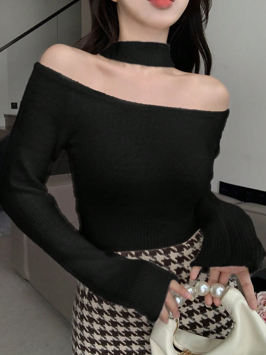 DAZY Của phụ nữ Màu thuần Off Shoulder Thon gọn Áo len - màu đen - Xem 1