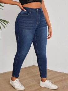 SHEIN Essnce Plus Size Women's Slim Fit Jeans - Dark Wash - View 5