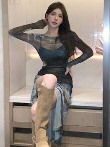 DAZY Vestido de manga larga con abertura y bajo de malla con efecto tie-dye, vestido casual para mujer, vestido de otoño