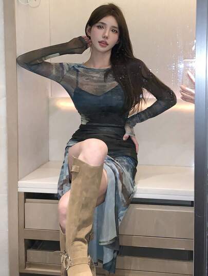 DAZY 扎染网纱长袖开衩连衣裙，透视休闲女装，秋季长款连衣裙