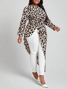 SHEIN Lady 女大尺碼豹紋扭結襯衫 - 彩色 - 查看 3