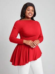 SHEIN Lady Áo thun nữ dài tay có viền bất đối xứng cỡ lớn - Đỏ - Xem 5