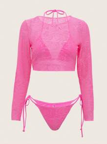 Swim Mod Damen Bikini Set mit Jacquard Blumen Muster Einfarbig, für Musikfestivals und Strand im Sommer - Heißes Pink - Übersicht 5