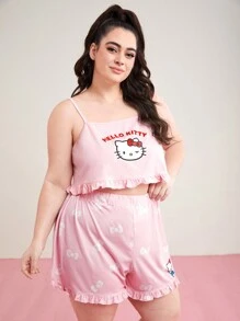 HELLO KITTY AND FRIENDS | SHEIN 女士加大碼卡通印花荷葉邊睡衣套裝,帶蕾絲飾邊 - 粉色 - 查看 3