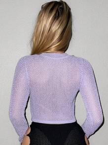 Sweetina Women's Hollow Out Knitted Plush Patchwork Sweater - Purple - View 2