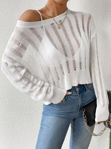 Chiquease Solid Color Hollow Out Knitted Round Neck Sweater With Drop Shoulder
