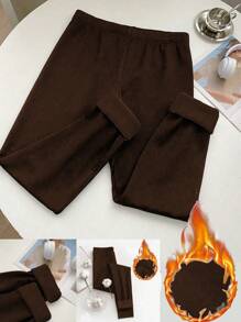 Flirla 大码纯色保暖内衬紧身裤 - 棕色 - 查看 1
