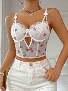 女士花卉蕾丝钢圈文胸 - 白色 - 查看 1