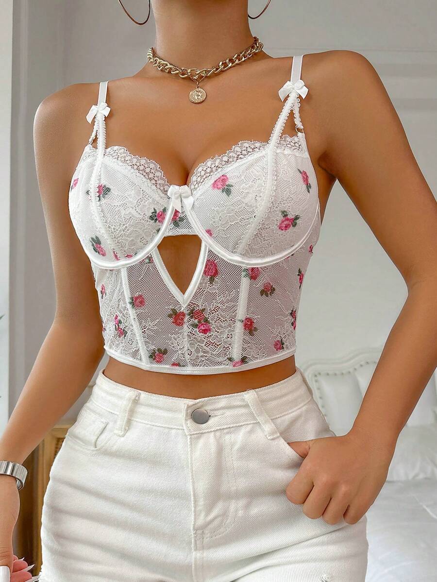 女士花卉蕾丝钢圈文胸 - 白色 - 查看 1
