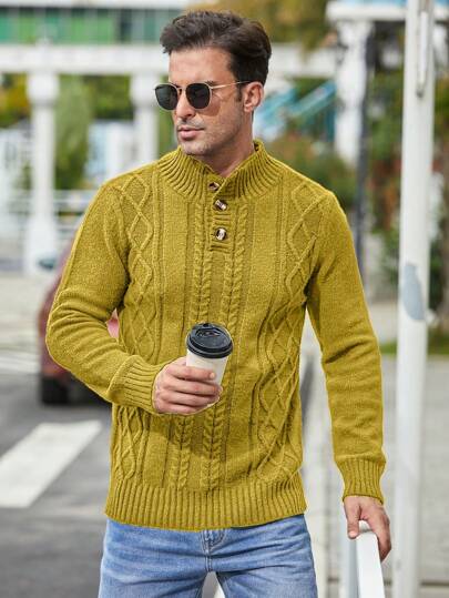 Manfinity Homme Men's Plus Size Cable Knitted Sweater With Buttoned Half-Placket