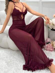 Slumberist Lace Detailing Hollow Out Mesh Cami Jumpsuit - Burgundy - View 3
