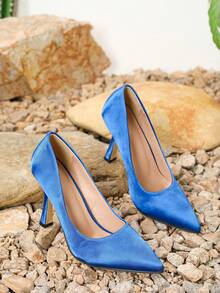 女士纯色优雅细高跟鞋，牛皮低帮尖头工作鞋 - 藍色 - 查看 6