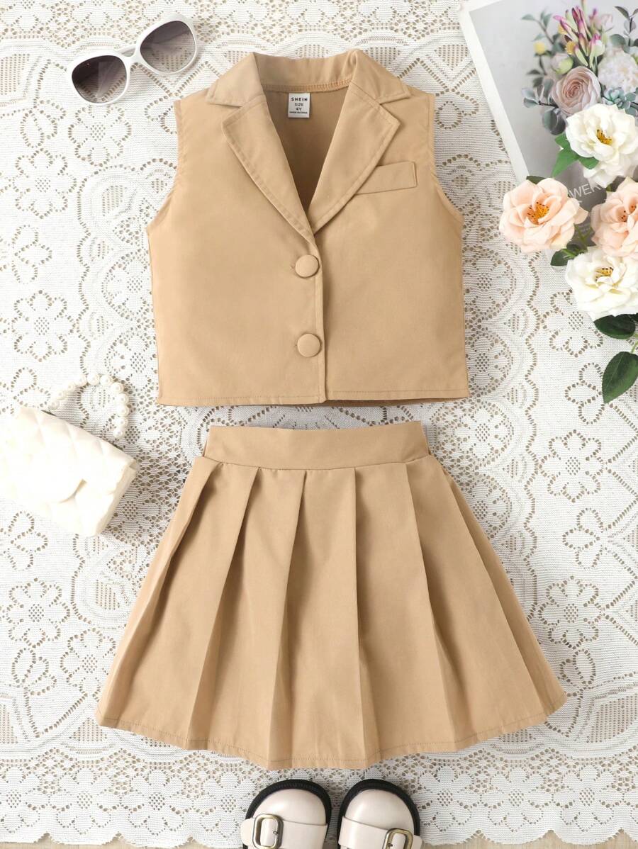 SHEIN 少女款2入組純色翻領無袖背心和百褶裙套裝，適合度假、夏季