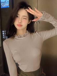 DAZY Women's Long Sleeve Mesh Contrast T-Shirt Going Out Tops - Khaki - View 3