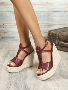 Của phụ nữ Rơm rạ Dệt Dày Gót chân Retro Thêu Dây đeo chữ T Dép xăng đan Với Dày Đế - Màu Đỏ Sâu - Xem 7