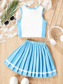 SHEIN Tween Girls' Color Block Letter Printed Top And Pleated Skirt Set - Blue - View 2