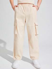 SHEIN Teen Boys' Casual Solid Color Cargo Style Pants With Multiple Pockets - Khaki - View 5