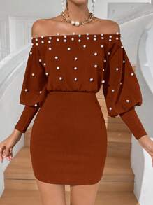SHEIN Privé 女士修身露肩珍珠裝飾身體包身裙,腰部束腰設計 - 鏽棕色 - 查看 1