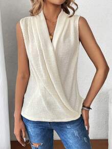 SHEIN LUNE Waffle đan chồng lên nhau & thiết kế xếp li Áo ba lỗ giản dị & thanh lịch cho mùa hè dành cho nữ - Màu be - Xem 5