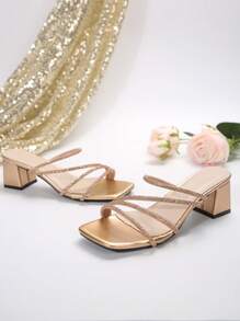 玫瑰金仙女風方頭粗跟涼鞋女時尚法式水鑽高跟鞋適合夏秋 - 玫瑰金 - 查看 4